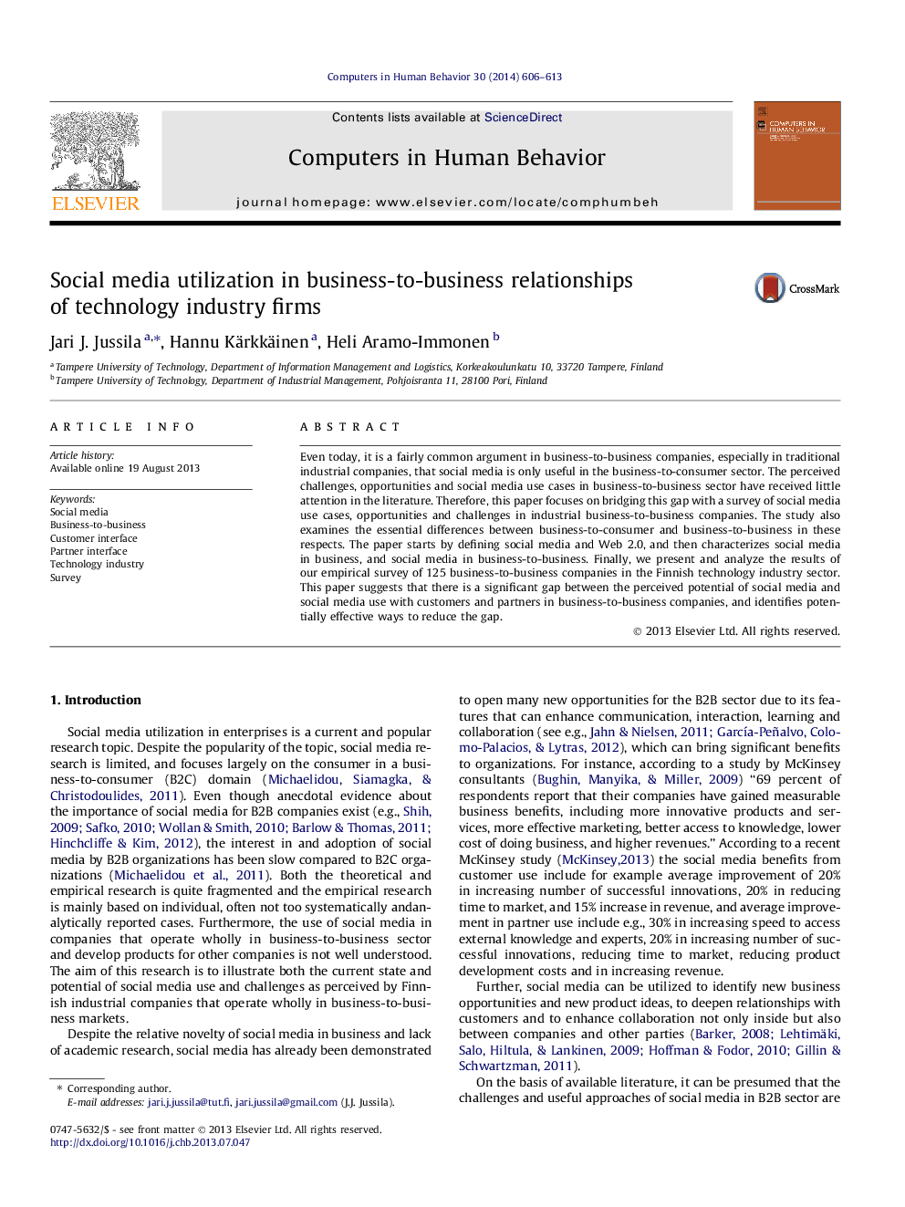 Social media utilization in business-to-business relationships of technology industry firms