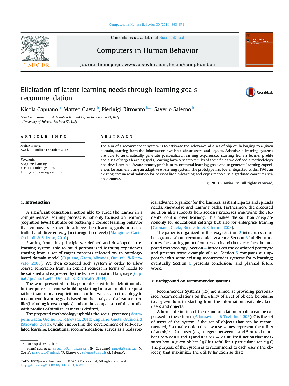 Elicitation of latent learning needs through learning goals recommendation