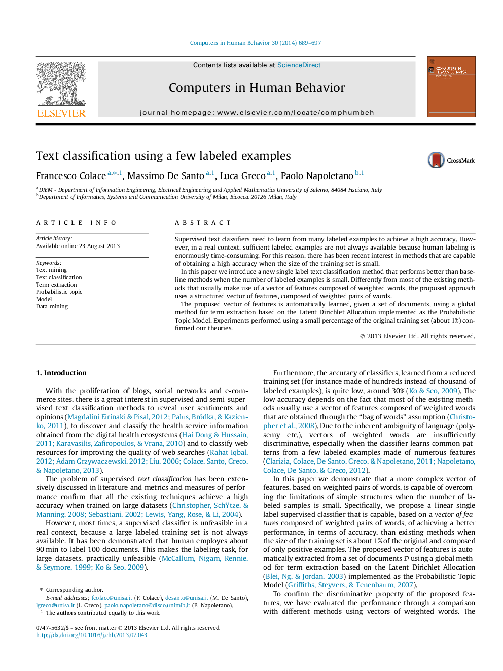 Text classification using a few labeled examples