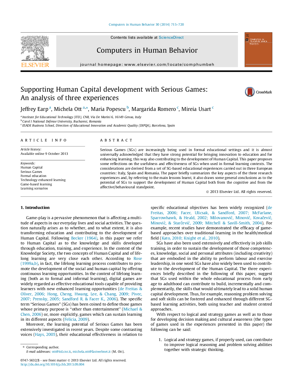 Supporting Human Capital development with Serious Games: An analysis of three experiences