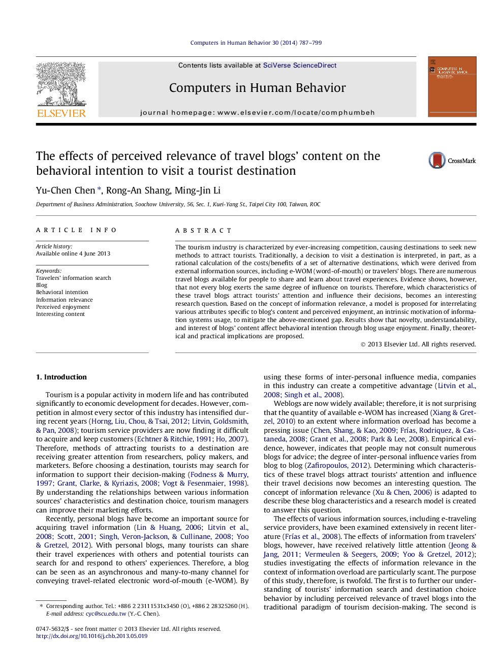 The effects of perceived relevance of travel blogs’ content on the behavioral intention to visit a tourist destination