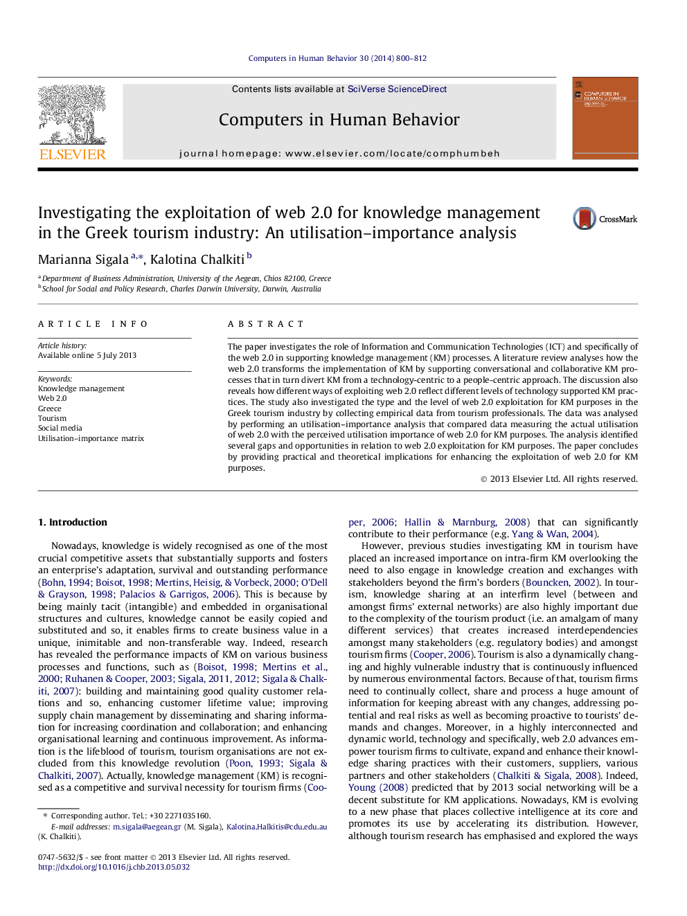 Investigating the exploitation of web 2.0 for knowledge management in the Greek tourism industry: An utilisation–importance analysis