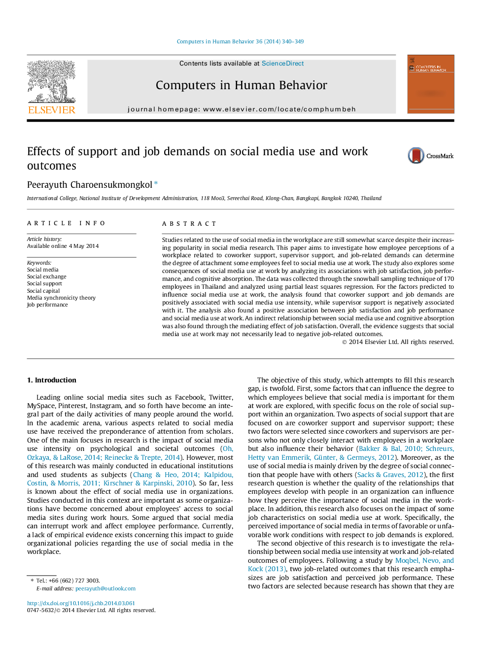 Effects of support and job demands on social media use and work outcomes