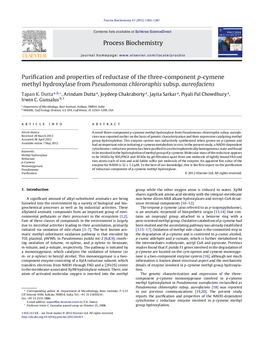 Purification and properties of reductase of the three-component p-cymene methyl hydroxylase from Pseudomonas chlororaphis subsp. aureofaciens