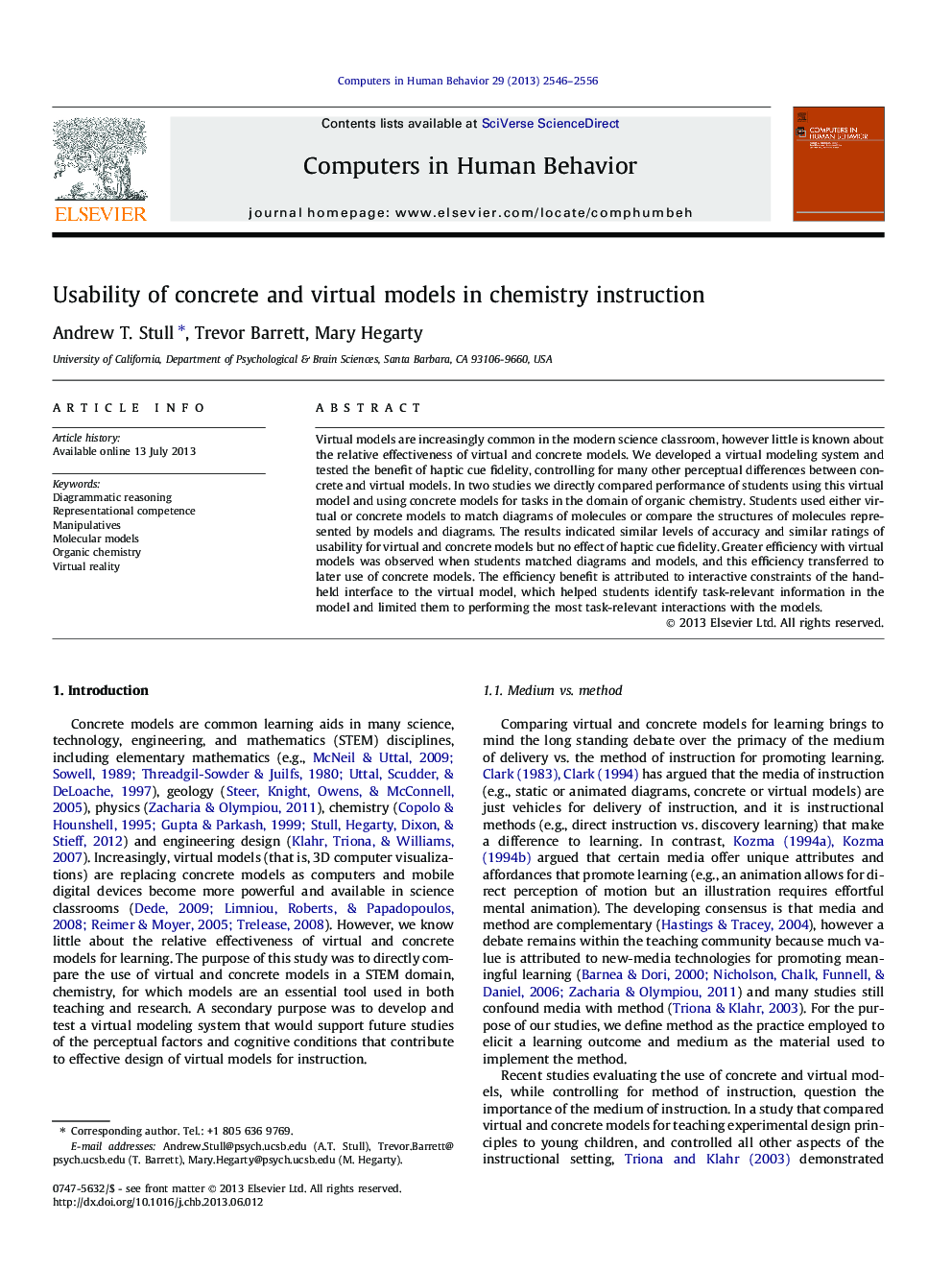 Usability of concrete and virtual models in chemistry instruction