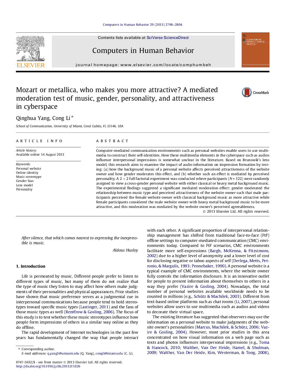 Mozart or metallica, who makes you more attractive? A mediated moderation test of music, gender, personality, and attractiveness in cyberspace