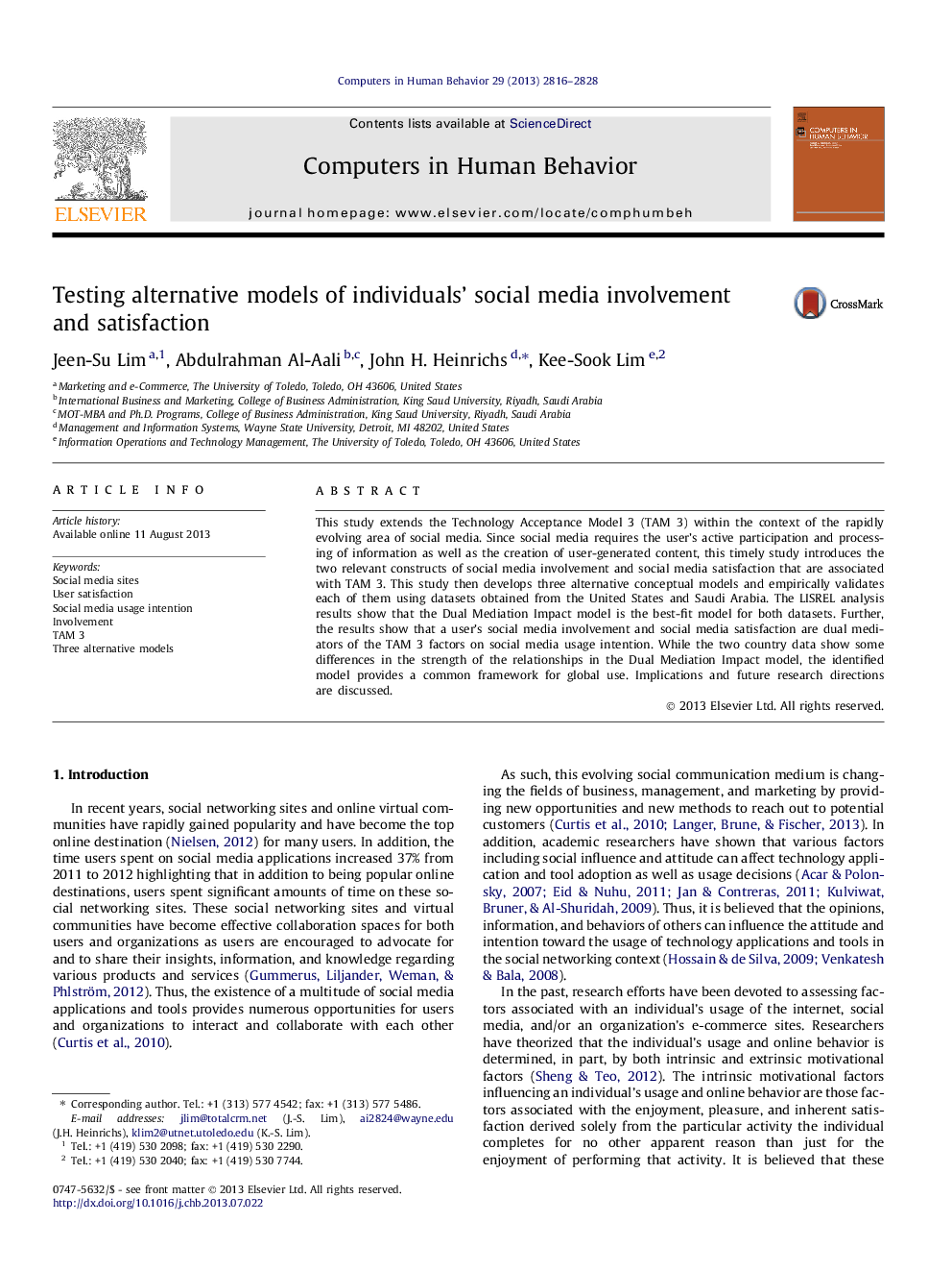 Testing alternative models of individuals’ social media involvement and satisfaction