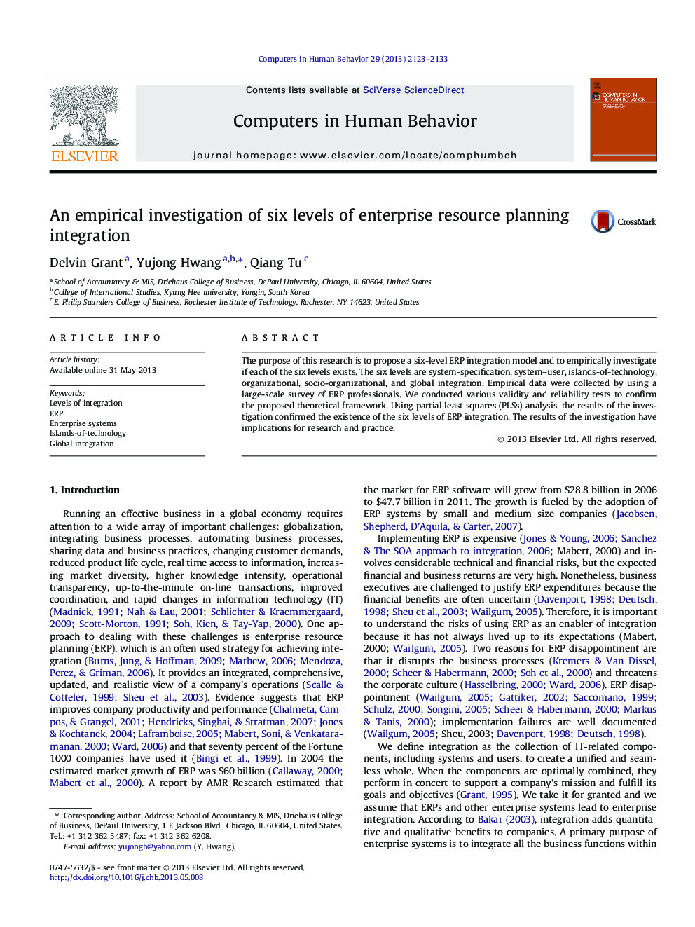 An empirical investigation of six levels of enterprise resource planning integration