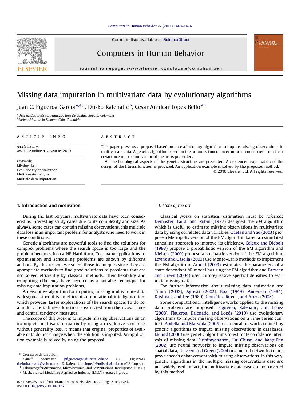 Missing data imputation in multivariate data by evolutionary algorithms