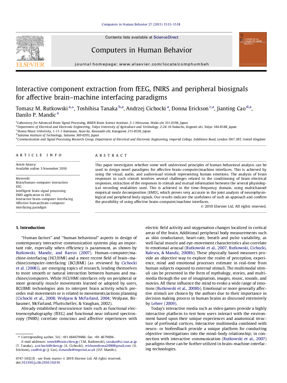 Interactive component extraction from fEEG, fNIRS and peripheral biosignals for affective brain–machine interfacing paradigms