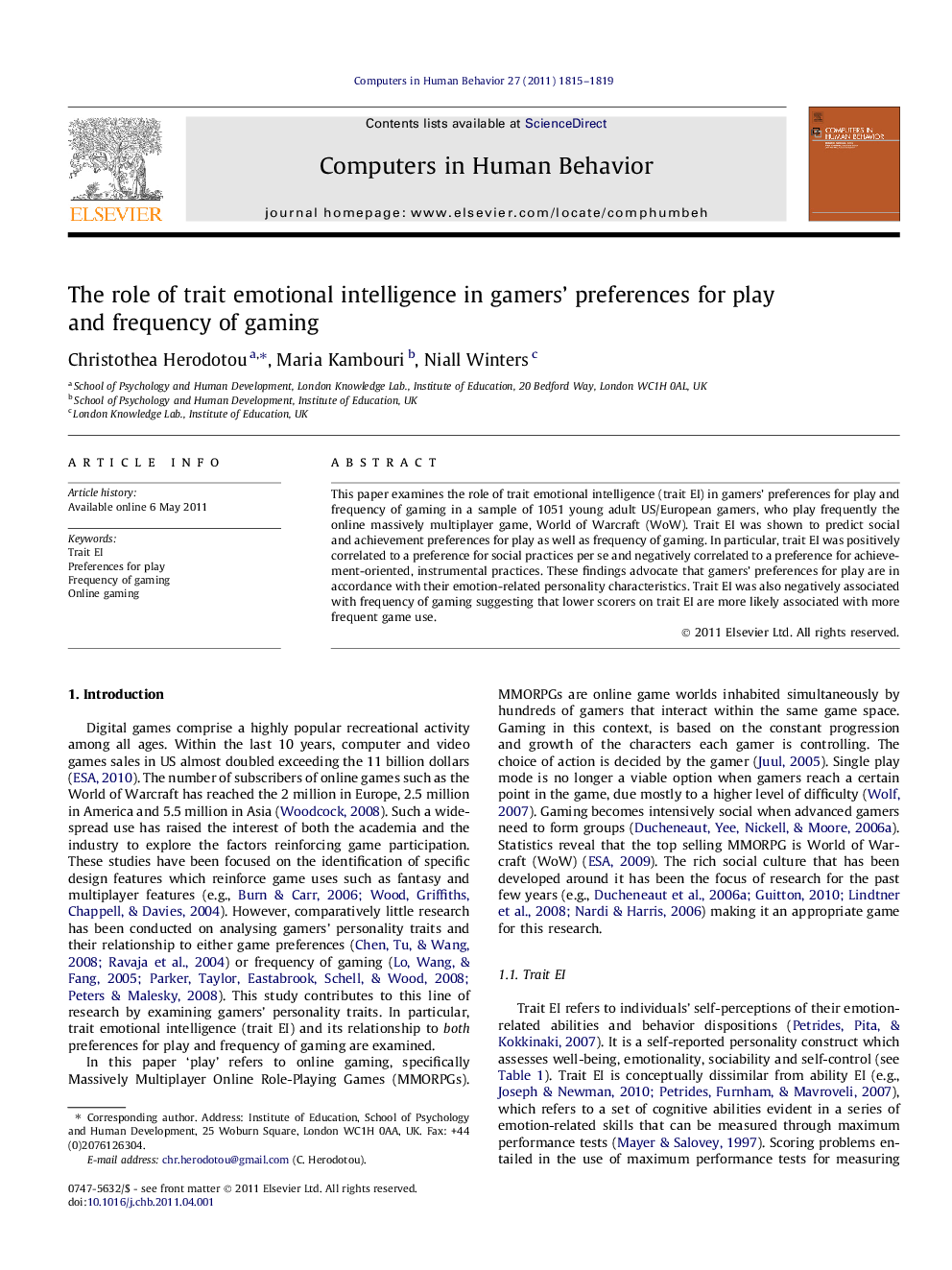 The role of trait emotional intelligence in gamers’ preferences for play and frequency of gaming