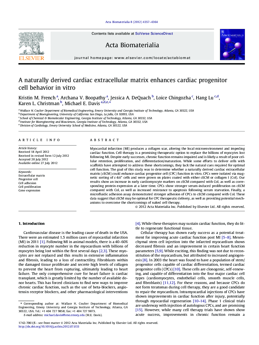 A naturally derived cardiac extracellular matrix enhances cardiac progenitor cell behavior in vitro