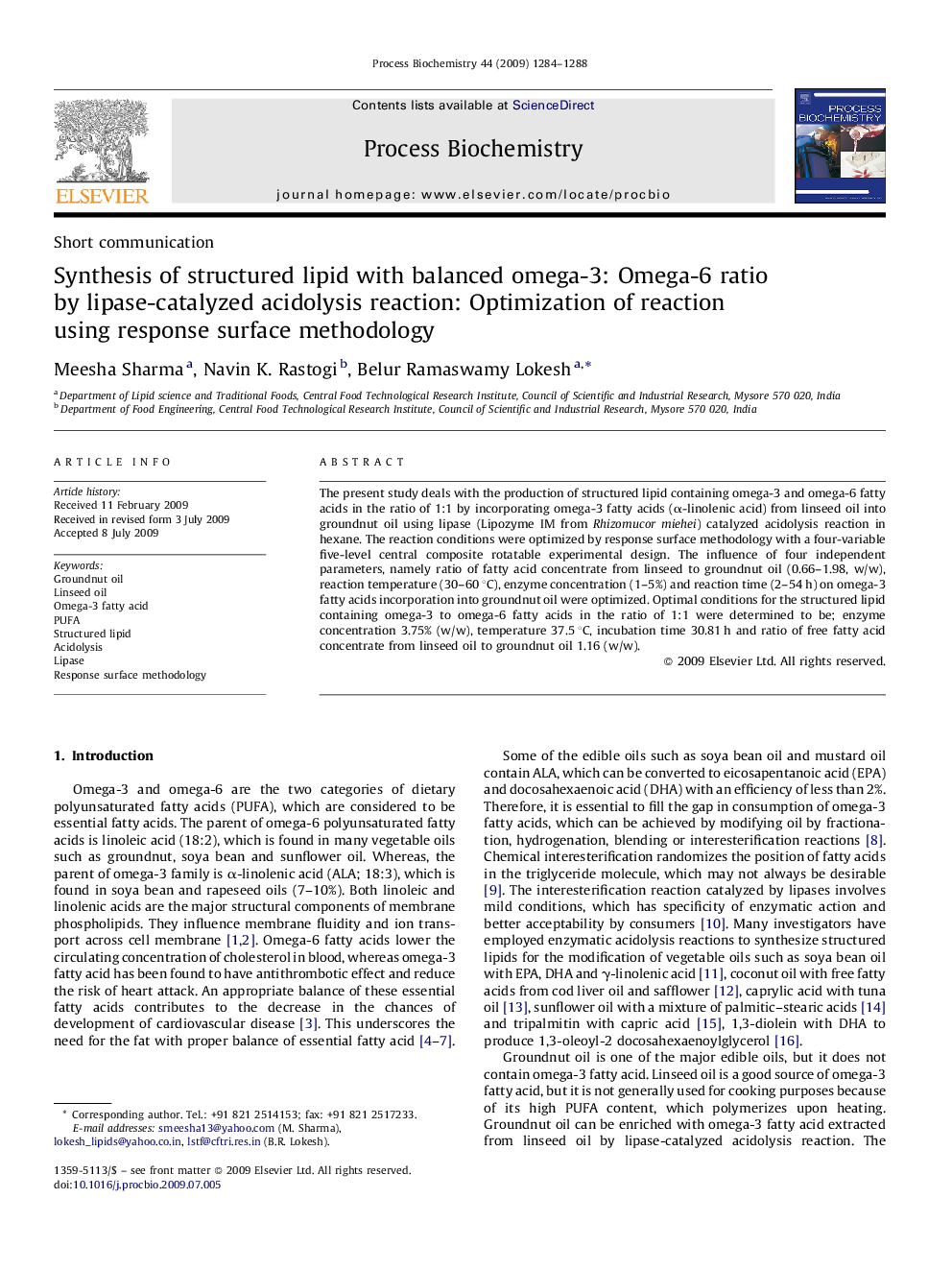 Synthesis of structured lipid with balanced omega-3: Omega-6 ratio by lipase-catalyzed acidolysis reaction: Optimization of reaction using response surface methodology