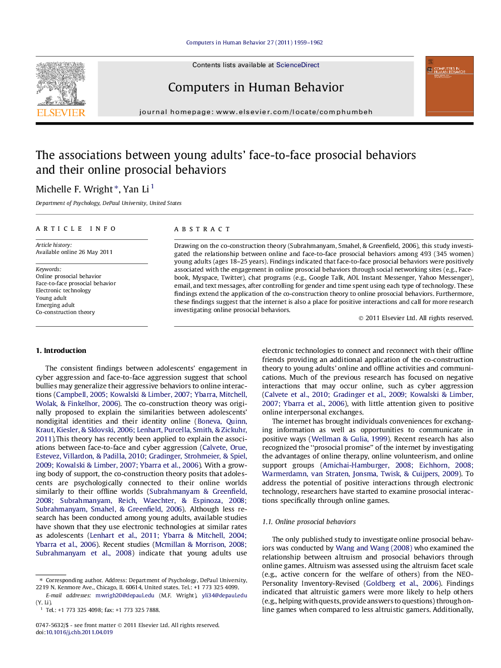 The associations between young adults’ face-to-face prosocial behaviors and their online prosocial behaviors