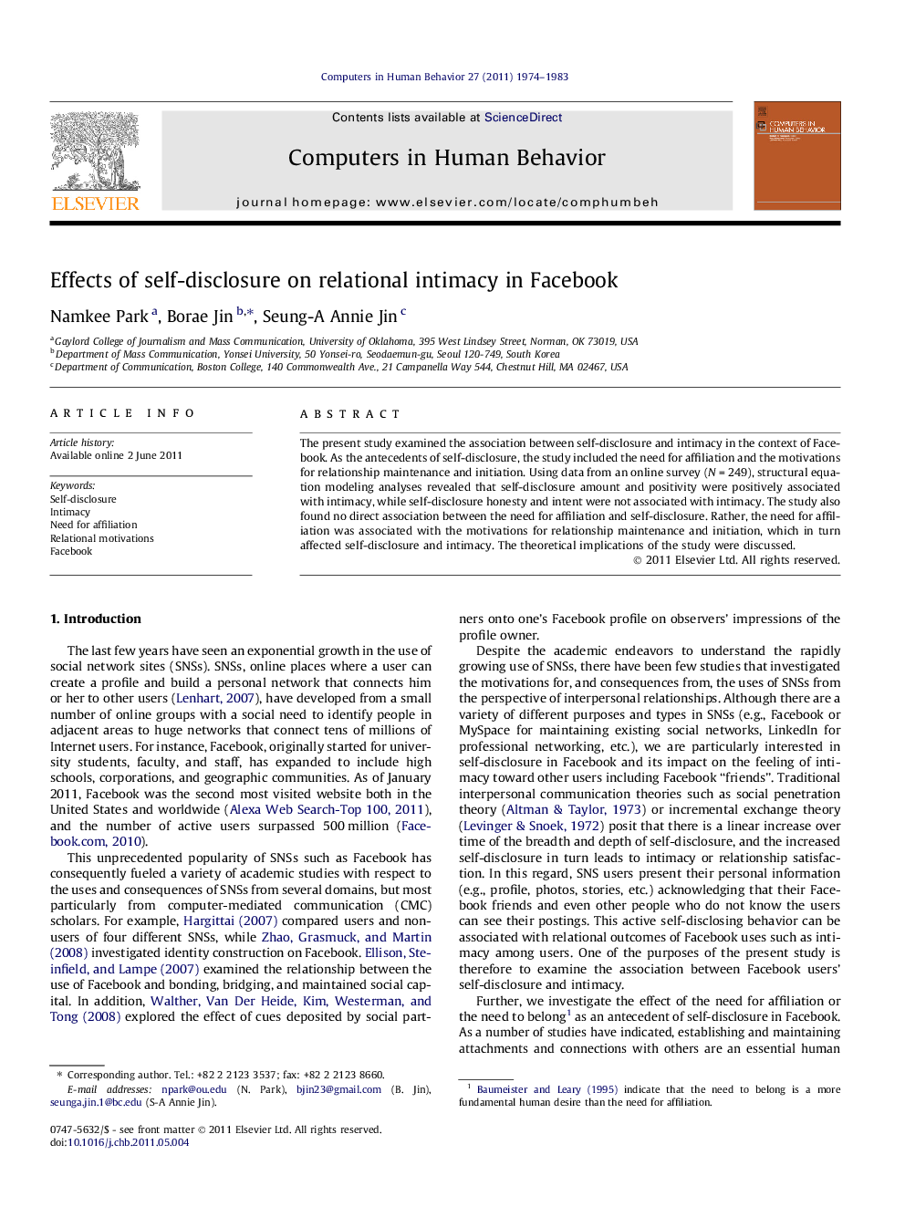 عکس صفحه اول مقاله: Effects of self-disclosure on relational intimacy in Facebook Effects of self-disclosure on relational intimacy in Facebook