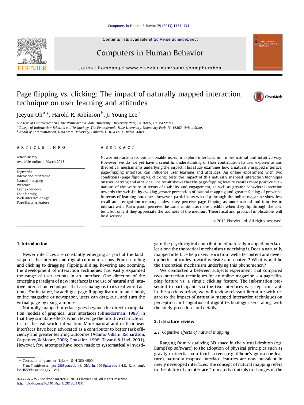 Page flipping vs. clicking: The impact of naturally mapped interaction technique on user learning and attitudes