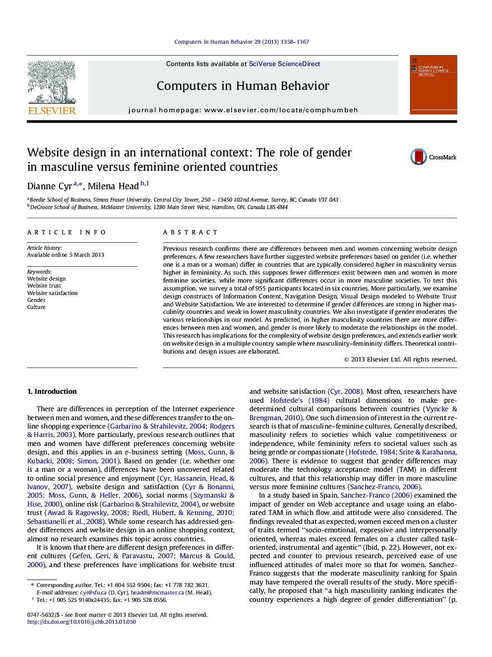 Website design in an international context: The role of gender in masculine versus feminine oriented countries