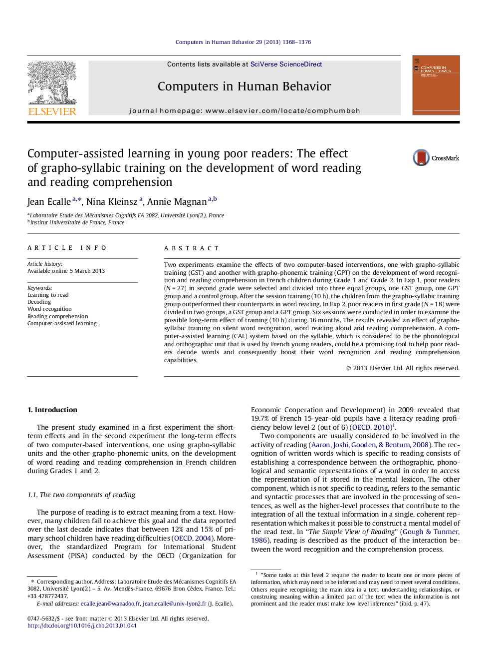 Computer-assisted learning in young poor readers: The effect of grapho-syllabic training on the development of word reading and reading comprehension