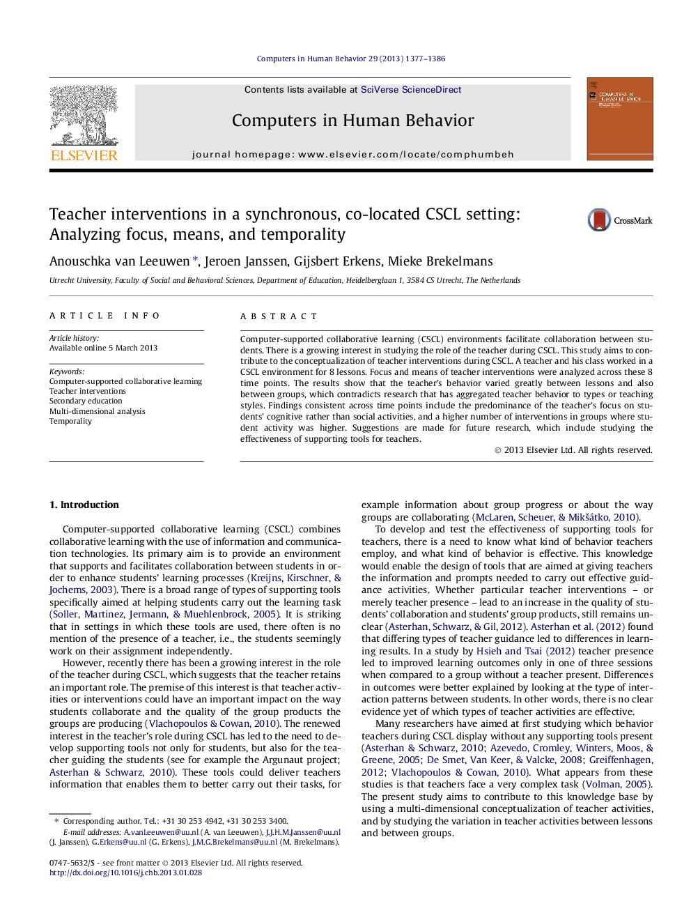 Teacher interventions in a synchronous, co-located CSCL setting: Analyzing focus, means, and temporality