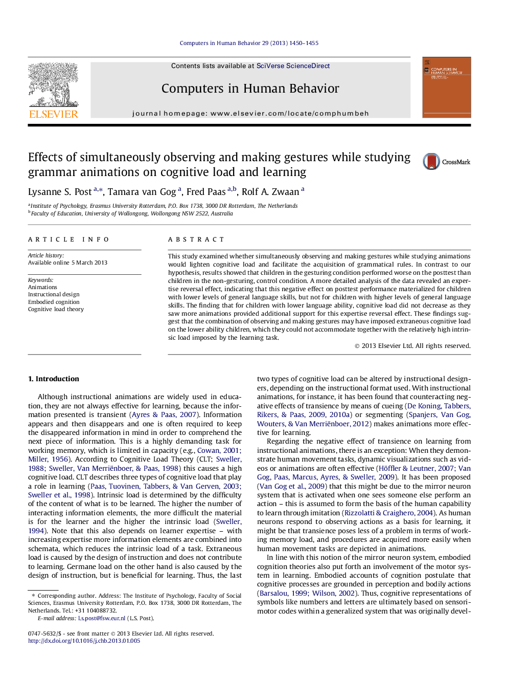 عکس صفحه اول مقاله: Effects of simultaneously observing and making gestures while studying grammar animations on cognitive load and learning Effects of simultaneously observing and making gestures while studying grammar animations on cognitive load and learning