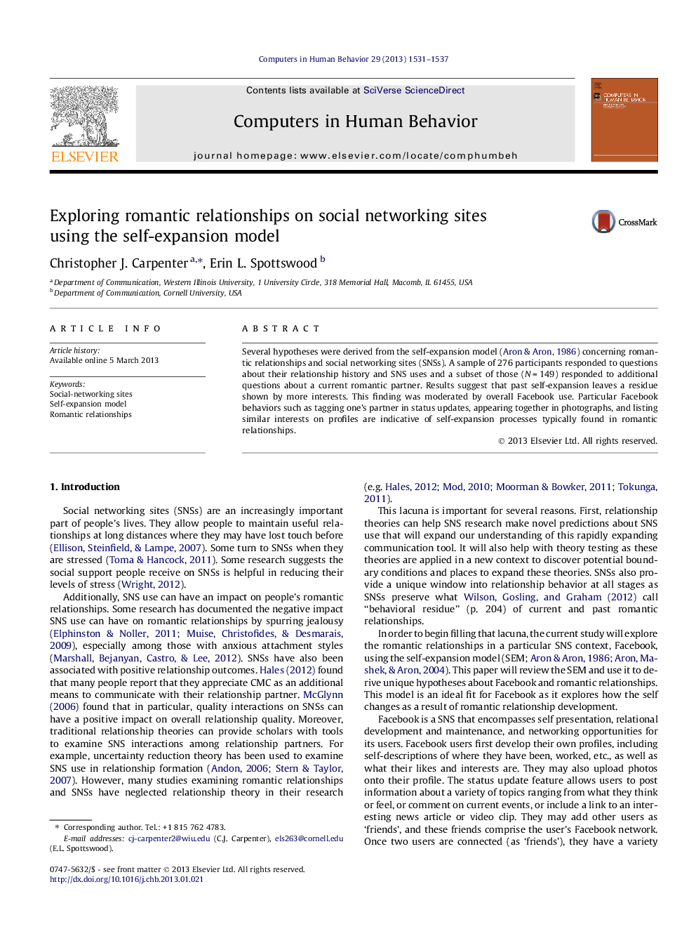 Exploring romantic relationships on social networking sites using the self-expansion model