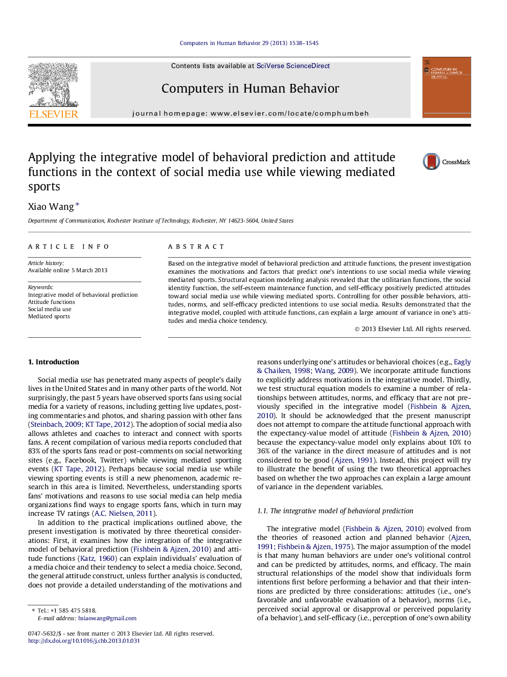 Applying the integrative model of behavioral prediction and attitude functions in the context of social media use while viewing mediated sports