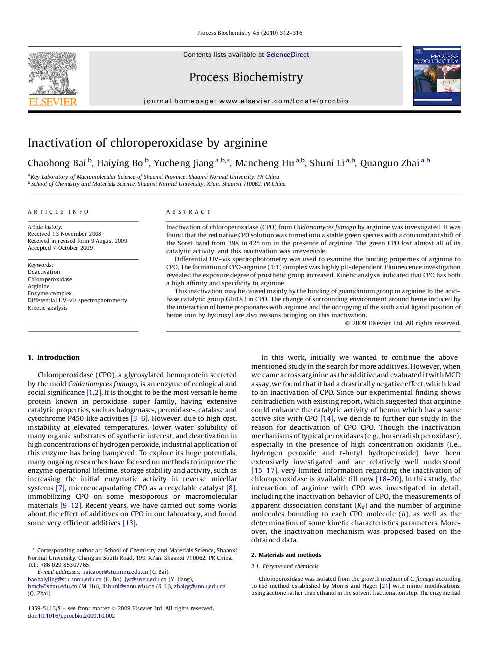 Inactivation of chloroperoxidase by arginine