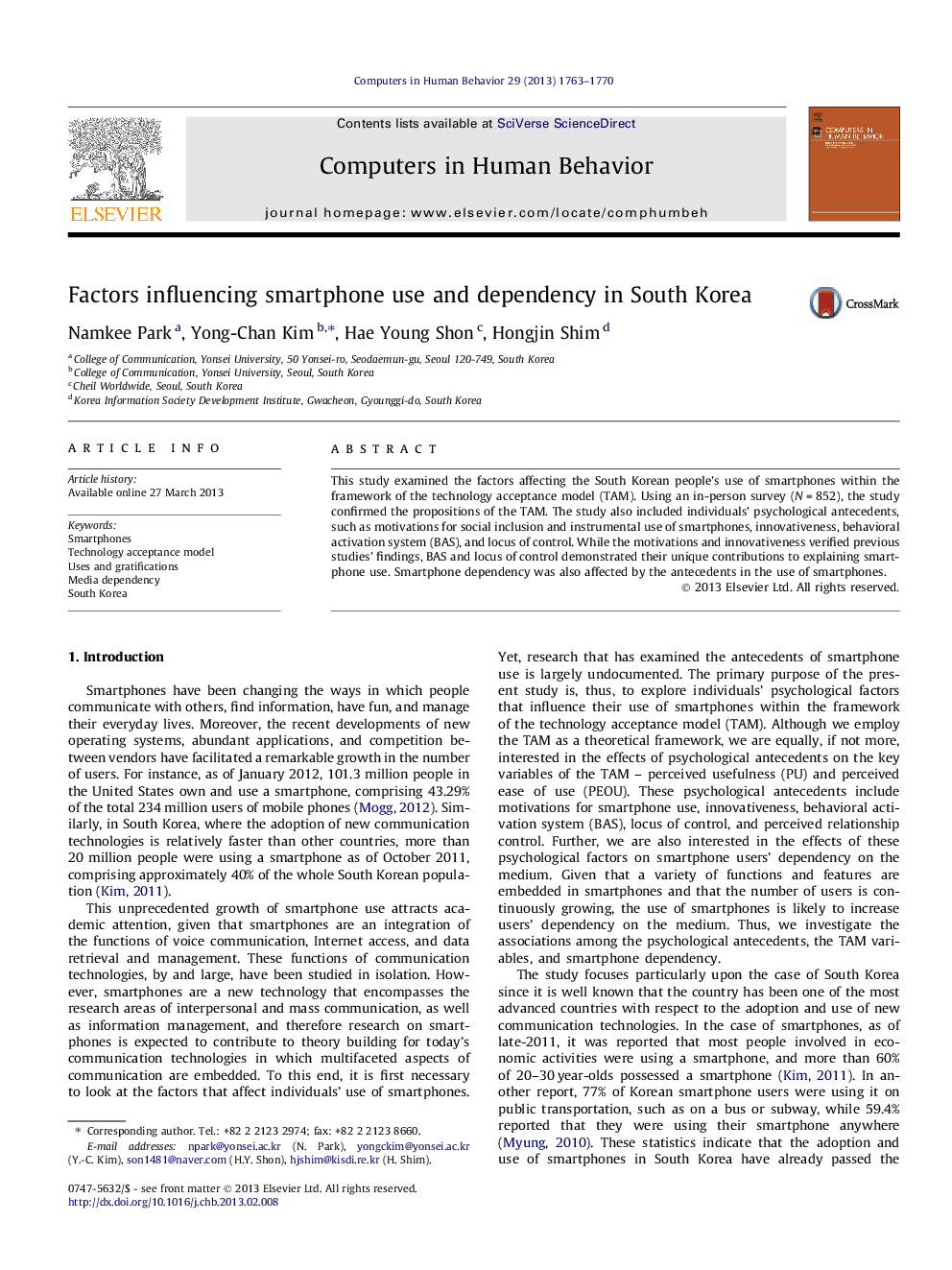 Factors influencing smartphone use and dependency in South Korea