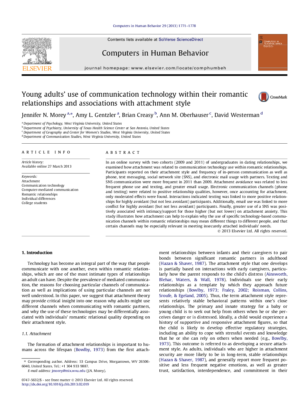 Young adults’ use of communication technology within their romantic relationships and associations with attachment style