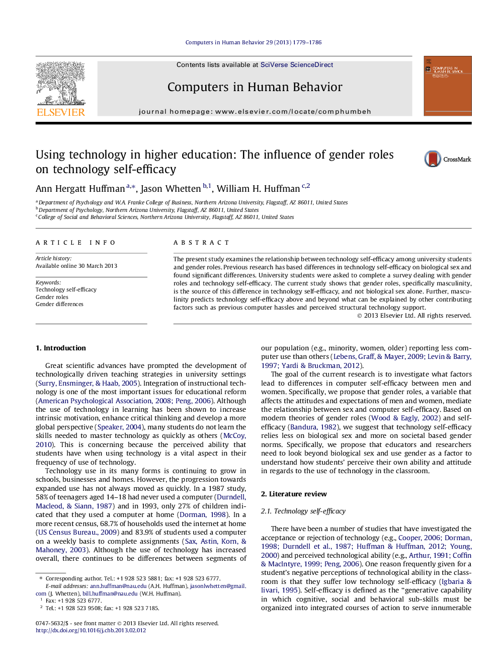 Using technology in higher education: The influence of gender roles on technology self-efficacy