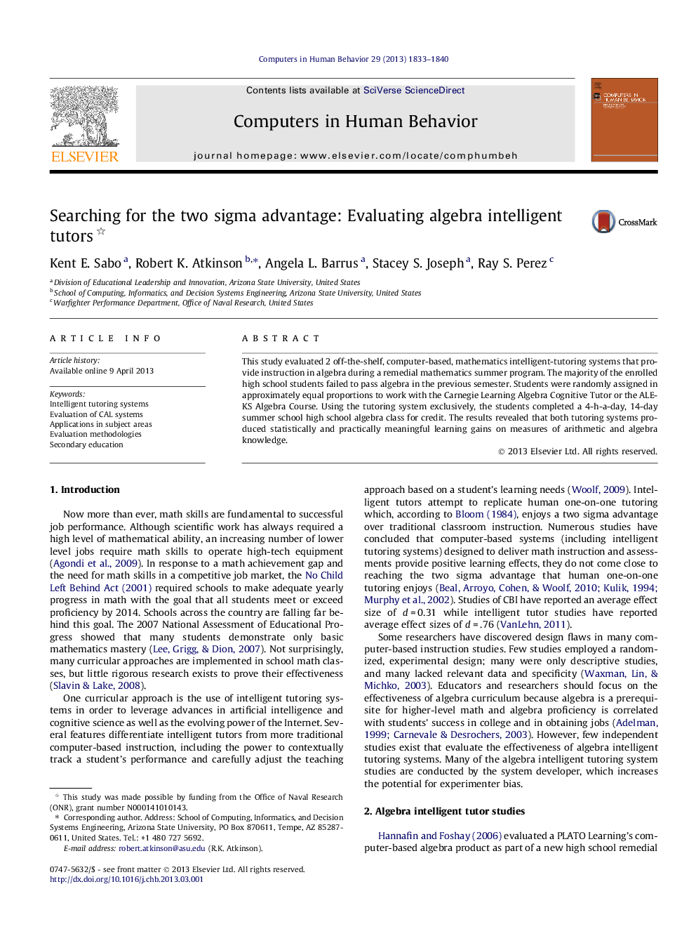 Searching for the two sigma advantage: Evaluating algebra intelligent tutors 