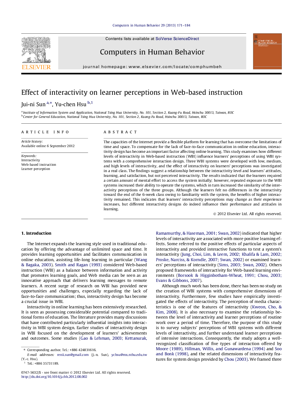 Effect of interactivity on learner perceptions in Web-based instruction