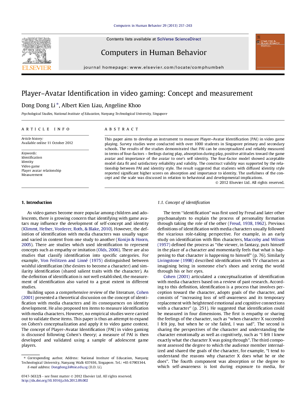 Player–Avatar Identification in video gaming: Concept and measurement