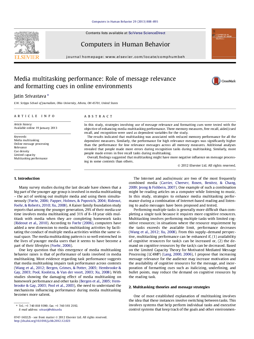 Media multitasking performance: Role of message relevance and formatting cues in online environments