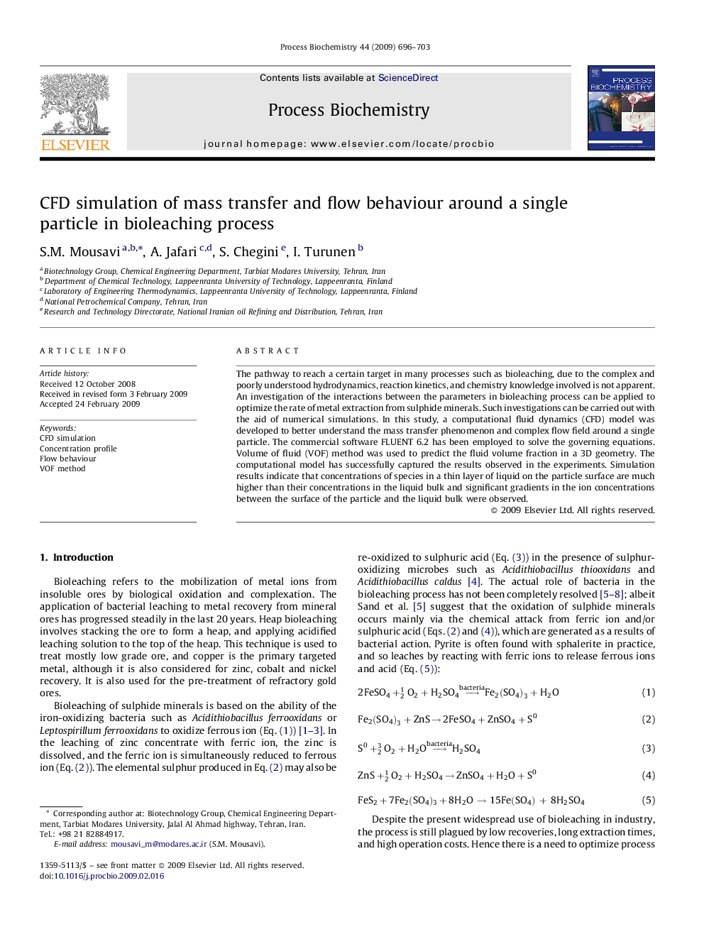 CFD simulation of mass transfer and flow behaviour around a single particle in bioleaching process