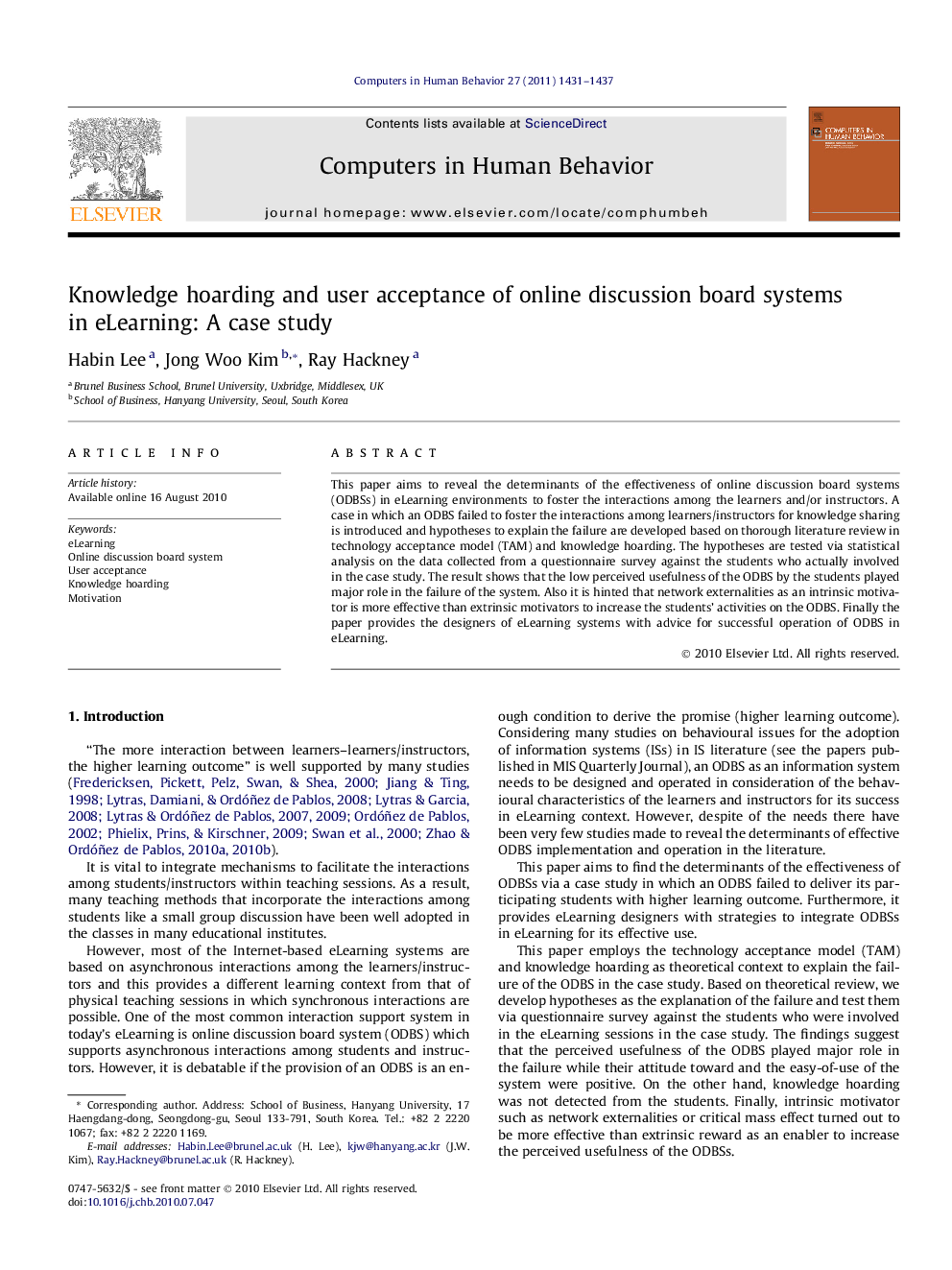 Knowledge hoarding and user acceptance of online discussion board systems in eLearning: A case study