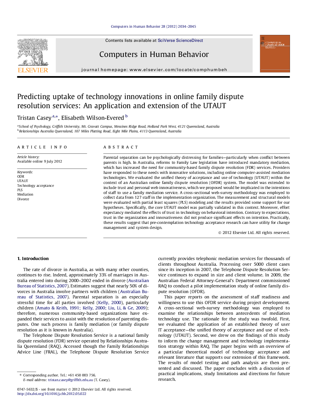 Predicting uptake of technology innovations in online family dispute resolution services: An application and extension of the UTAUT