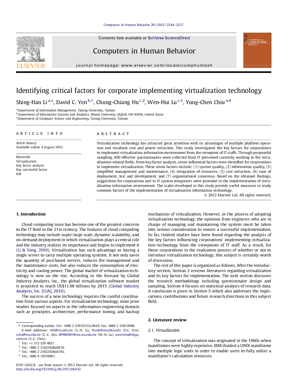 Identifying critical factors for corporate implementing virtualization technology