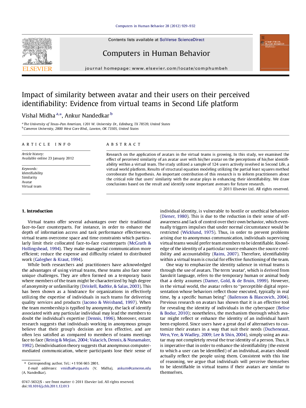 Impact of similarity between avatar and their users on their perceived identifiability: Evidence from virtual teams in Second Life platform