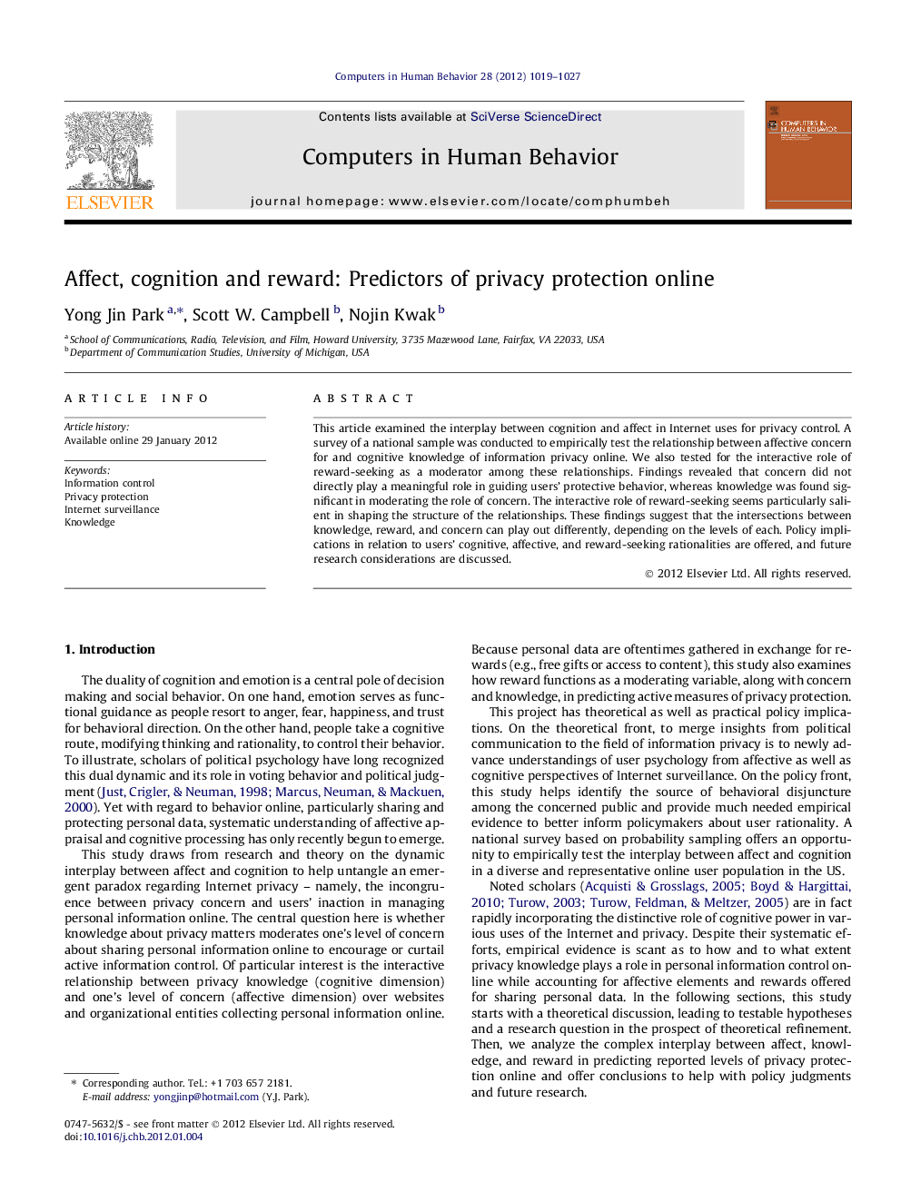 Affect, cognition and reward: Predictors of privacy protection online