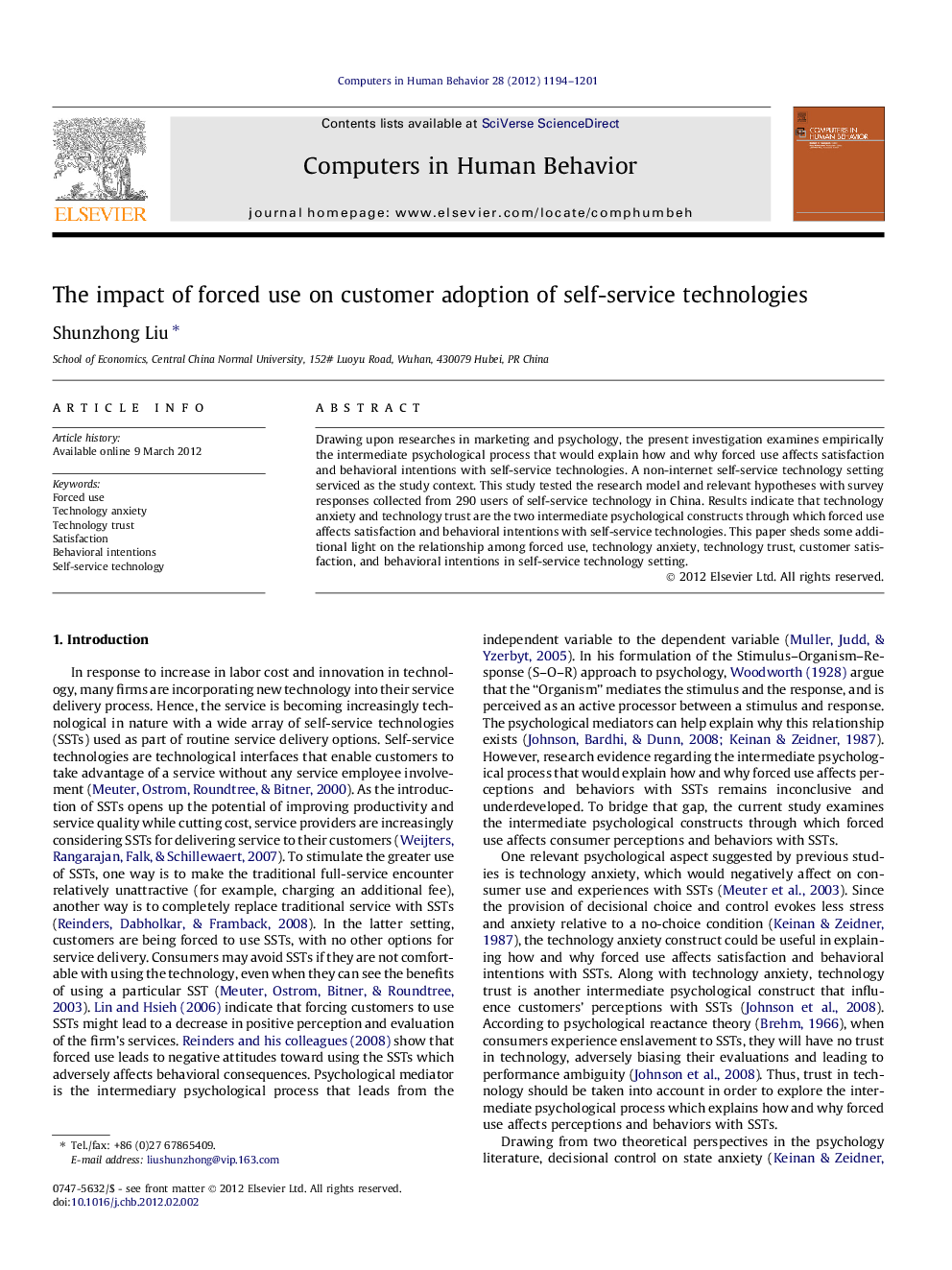 The impact of forced use on customer adoption of self-service technologies