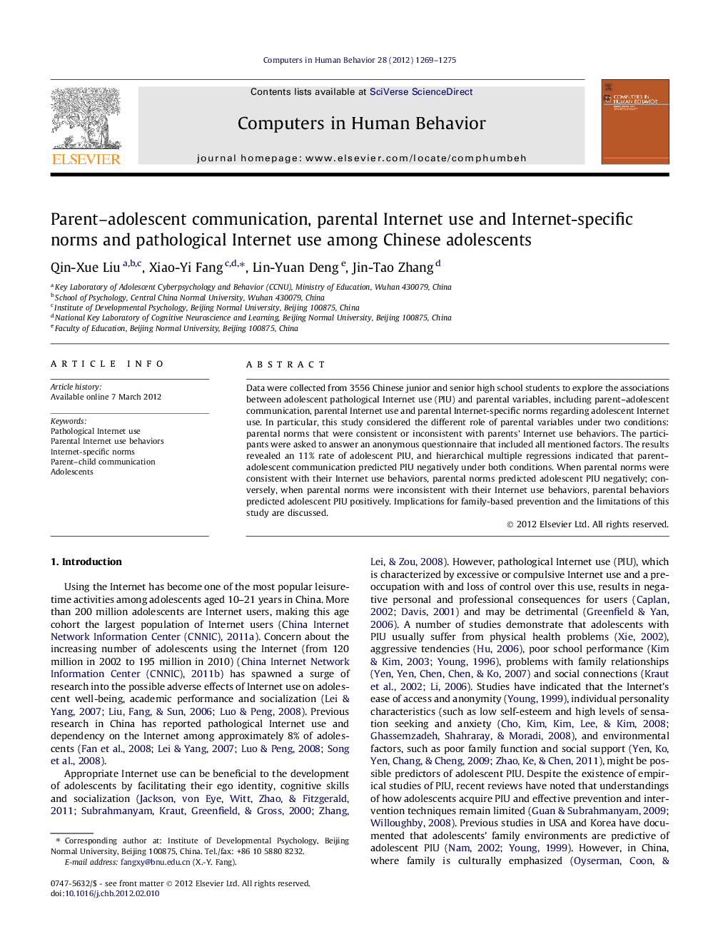 Parent–adolescent communication, parental Internet use and Internet-specific norms and pathological Internet use among Chinese adolescents