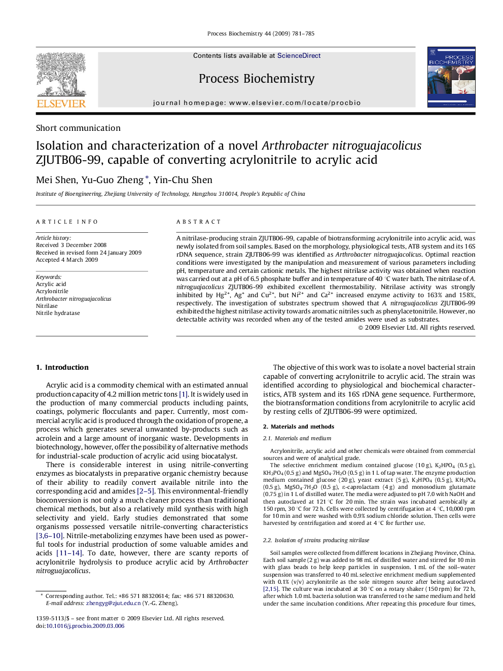 Isolation and characterization of a novel Arthrobacter nitroguajacolicus ZJUTB06-99, capable of converting acrylonitrile to acrylic acid