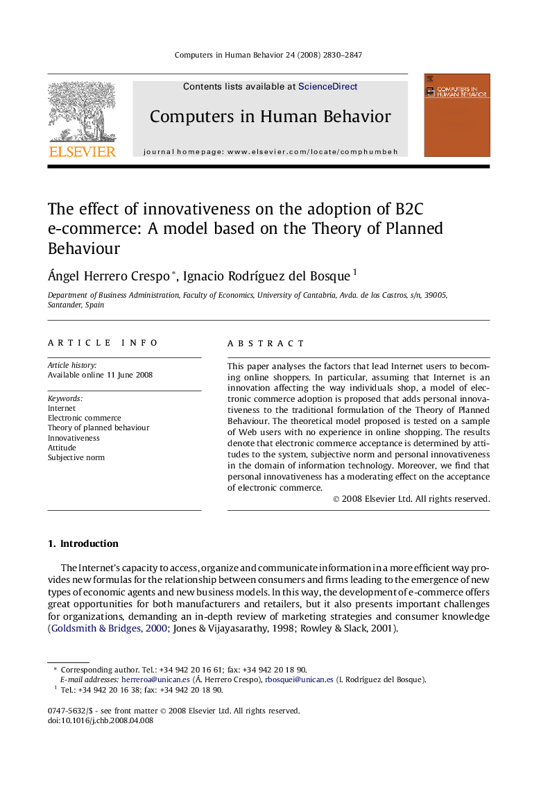 The effect of innovativeness on the adoption of B2C e-commerce: A model based on the Theory of Planned Behaviour