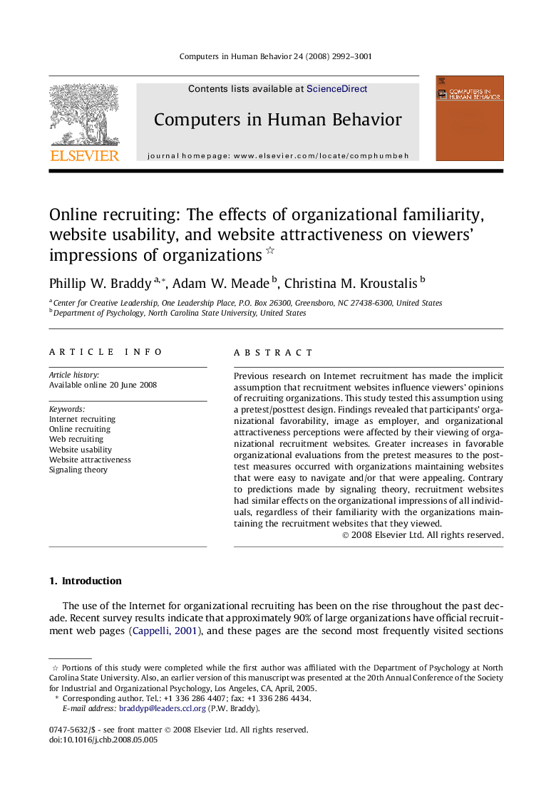 Online recruiting: The effects of organizational familiarity, website usability, and website attractiveness on viewers’ impressions of organizations 