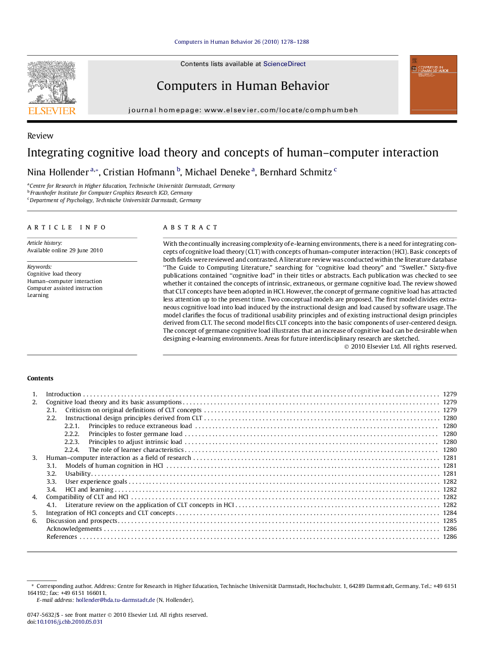 عکس صفحه اول مقاله: Integrating cognitive load theory and concepts of human–computer interaction Integrating cognitive load theory and concepts of human–computer interaction