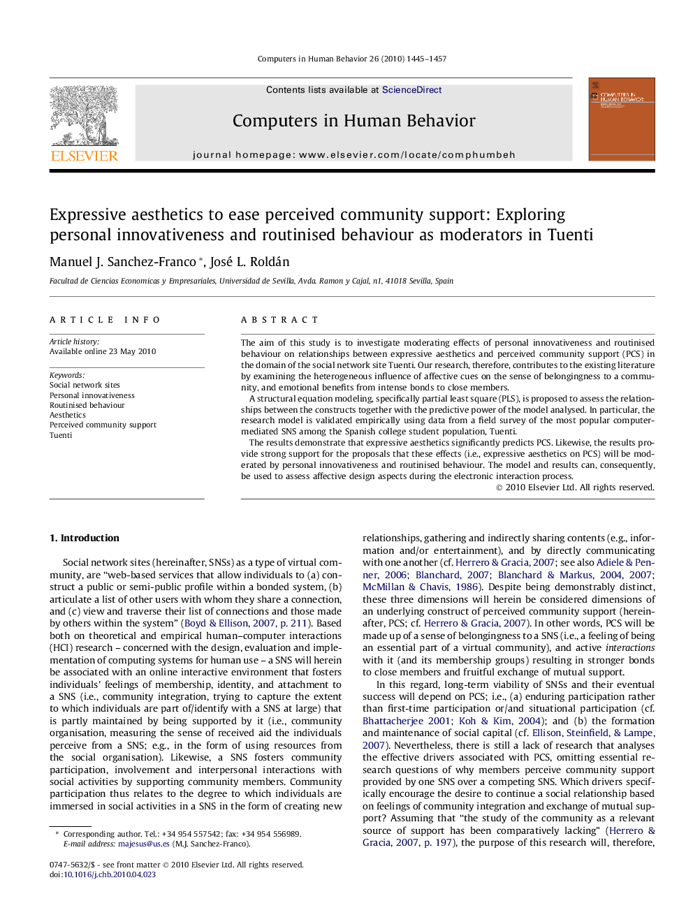 Expressive aesthetics to ease perceived community support: Exploring personal innovativeness and routinised behaviour as moderators in Tuenti