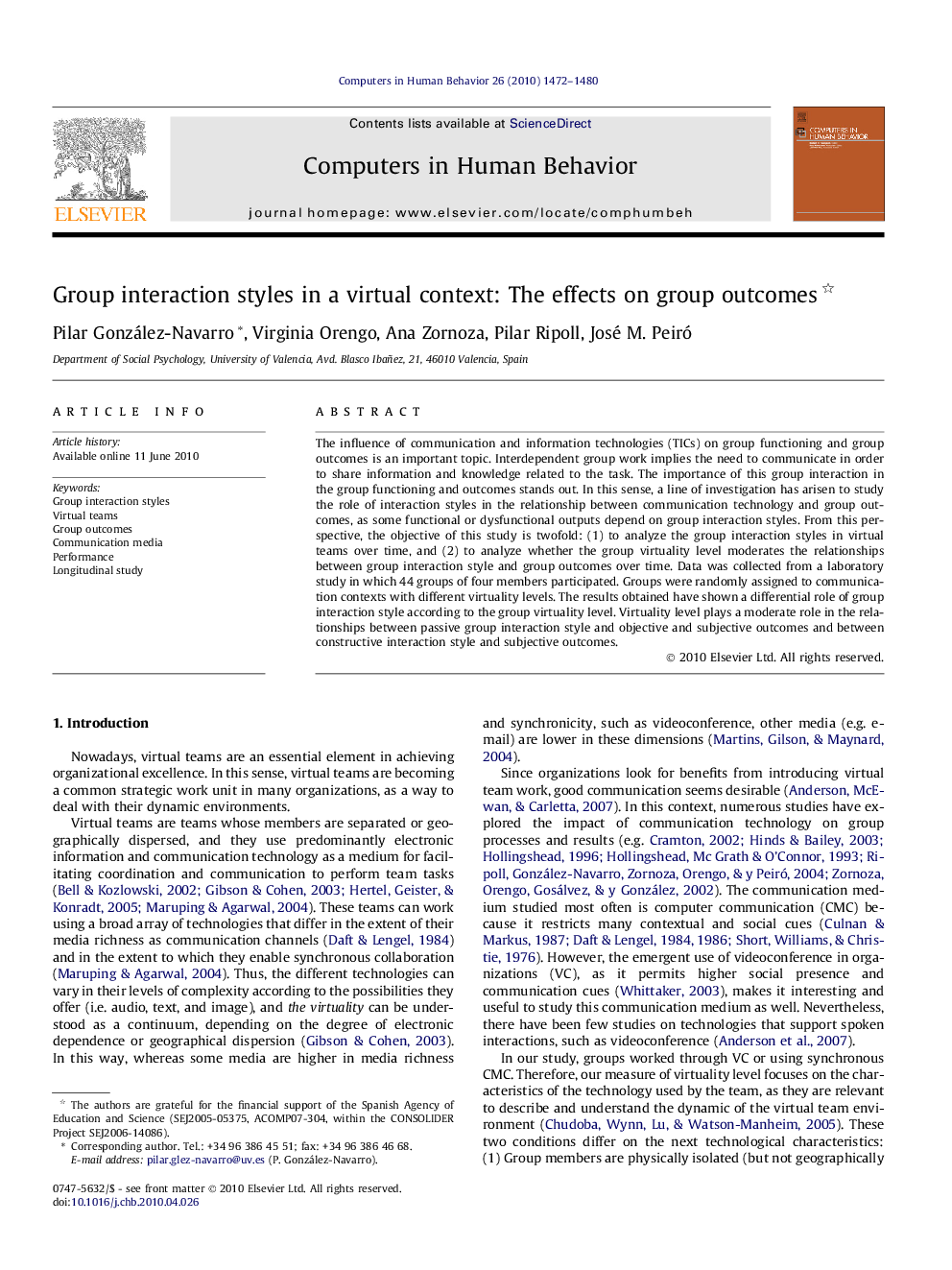 Group interaction styles in a virtual context: The effects on group outcomes 