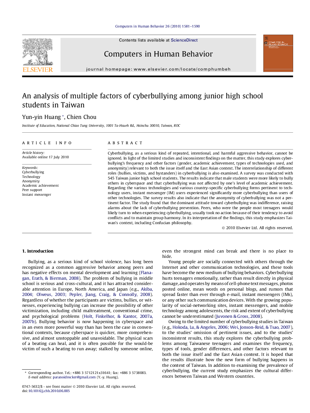 An analysis of multiple factors of cyberbullying among junior high school students in Taiwan