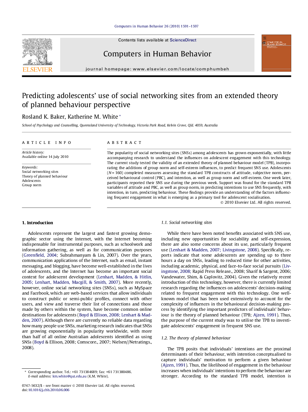 Predicting adolescents’ use of social networking sites from an extended theory of planned behaviour perspective